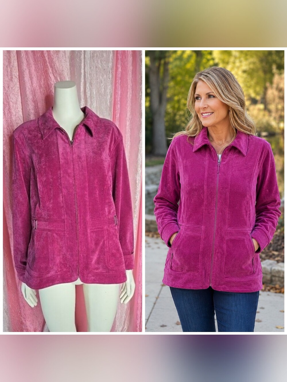 Christopher & Banks Raspberry Velvet Corduroy Full Zip Light Jacket Size Large